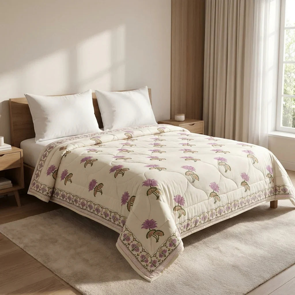 House of Avana Cream & Mauve Floral Jaipur Indian Hand Block Print Quilted Comforter