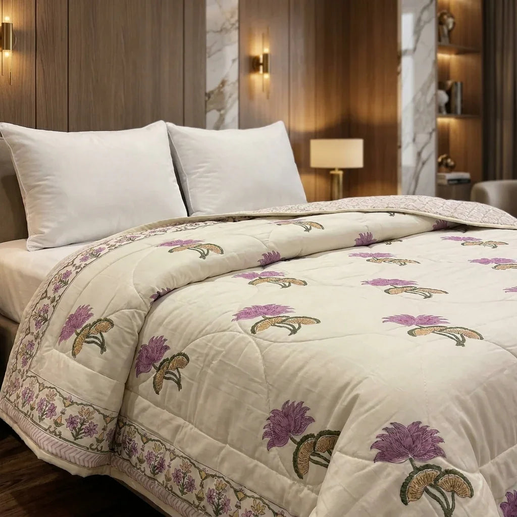 House of Avana Cream & Mauve Floral Jaipur Indian Hand Block Print Quilted Comforter