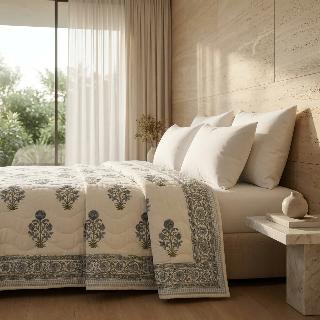 House of Avana Cream & Dusty Blue Floral Jaipur Indian Hand Block Print Quilted Comforter