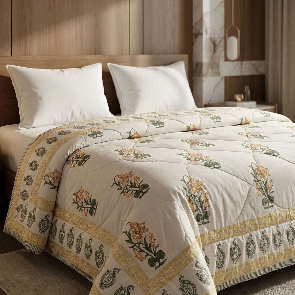 House of Avana Cream & Golden Yellow Floral Jaipur Indian Hand Block Print Quilted Comforter