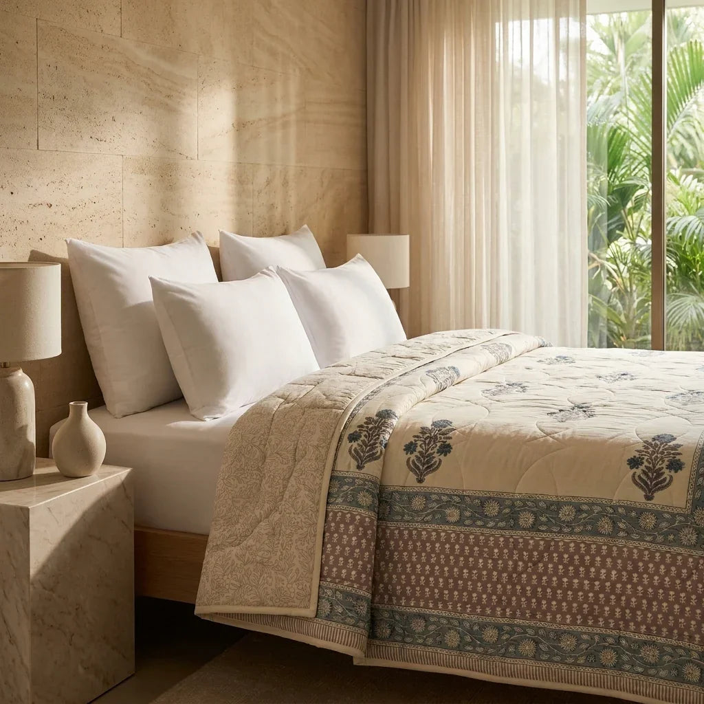 House of Avana Cream & Slate Blue Floral Jaipur Indian Hand Block Print Quilted Comforter