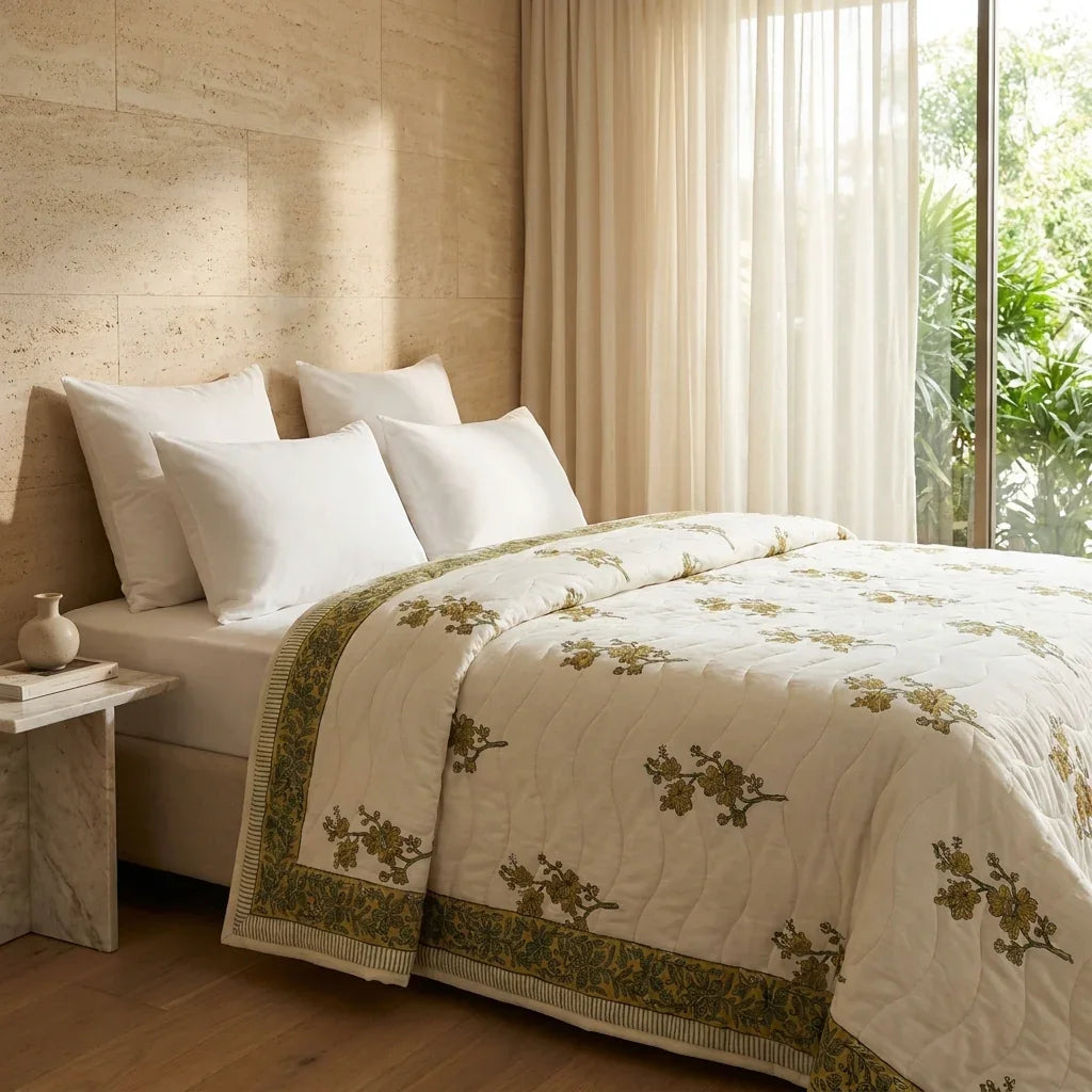 House of Avana Cream & Mustard Yellow Olive Floral Jaipur Indian Hand Block Print Quilted Comforter