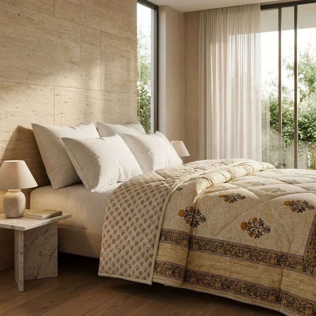 House of Avana Light Grey & Charcoal Floral Jaipur Indian Hand Block Print Quilted Comforter