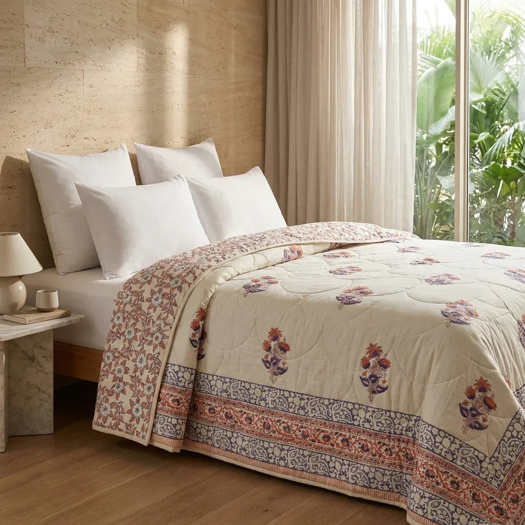 House of Avana Lavender Grey & Cream Floral Jaipur Indian Hand Block Print Quilted Comforter