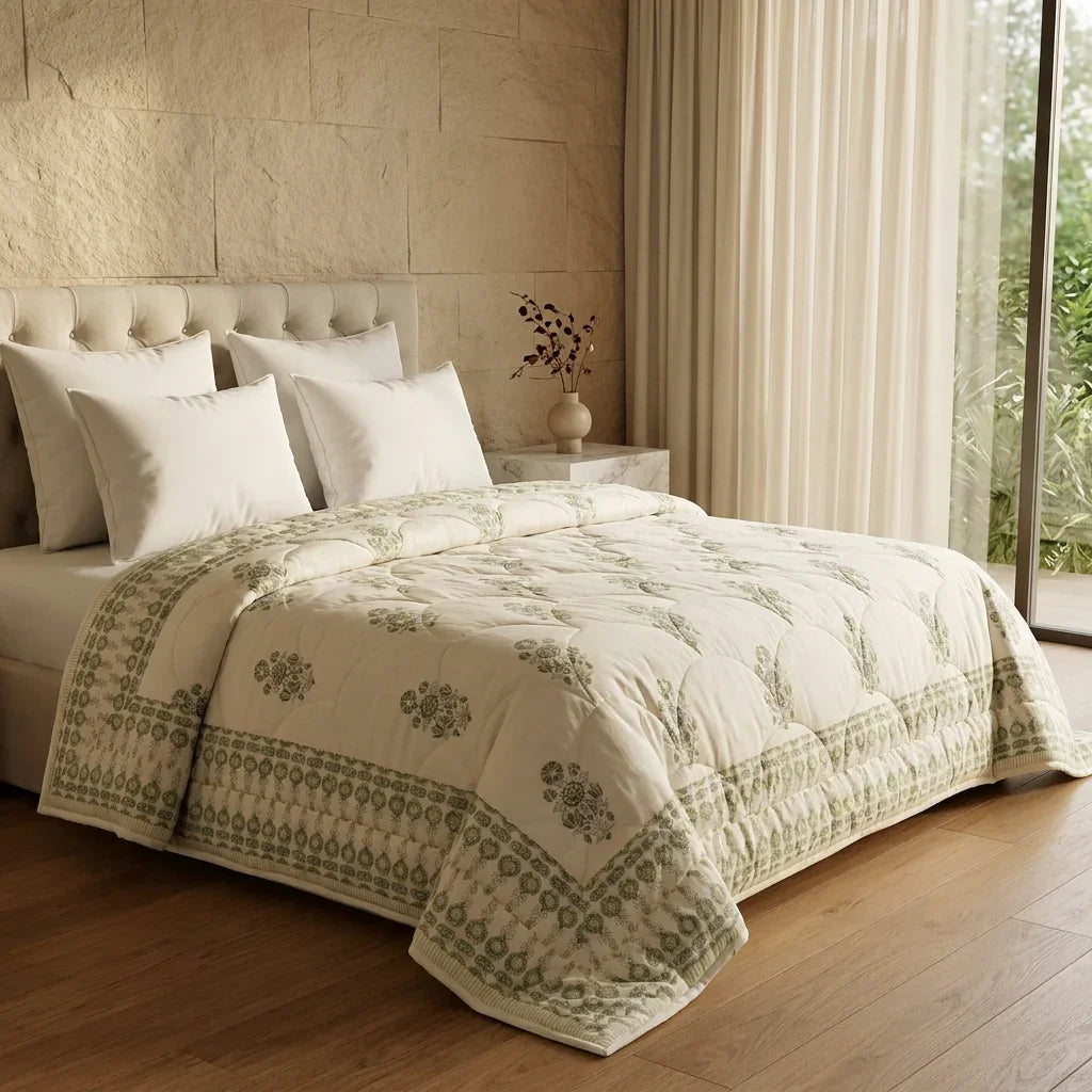 House of Avana Sage Green & Cream Mauve Floral Jaipur Indian Hand Block Print Quilted Comforter