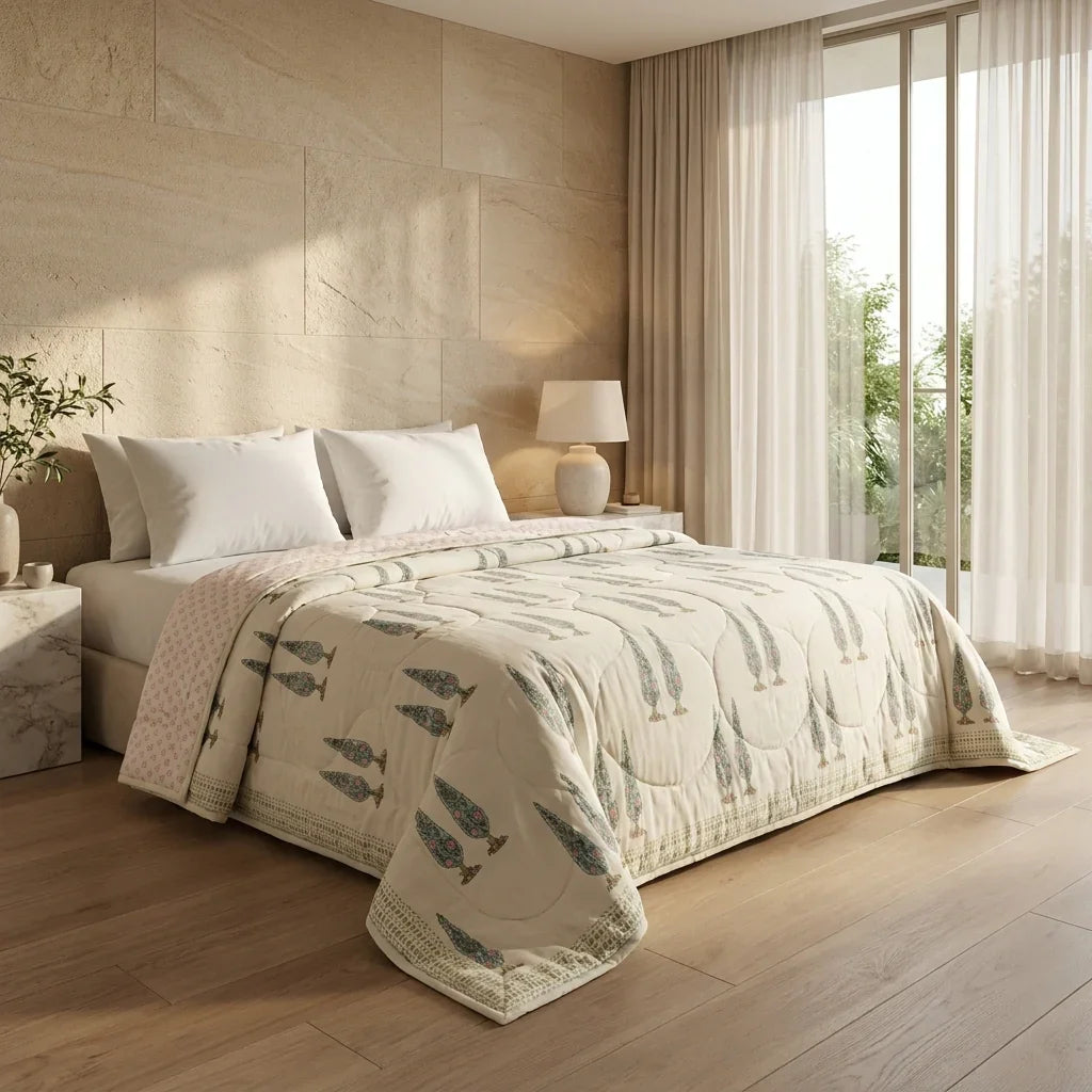 House of Avana Cream & Rust Sage Floral Jaipur Indian Hand Block Print Quilted Comforter