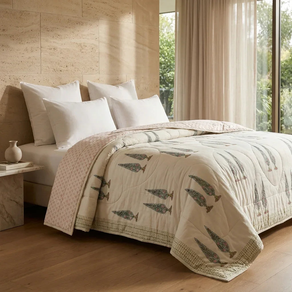 House of Avana Cream & Rust Sage Floral Jaipur Indian Hand Block Print Quilted Comforter