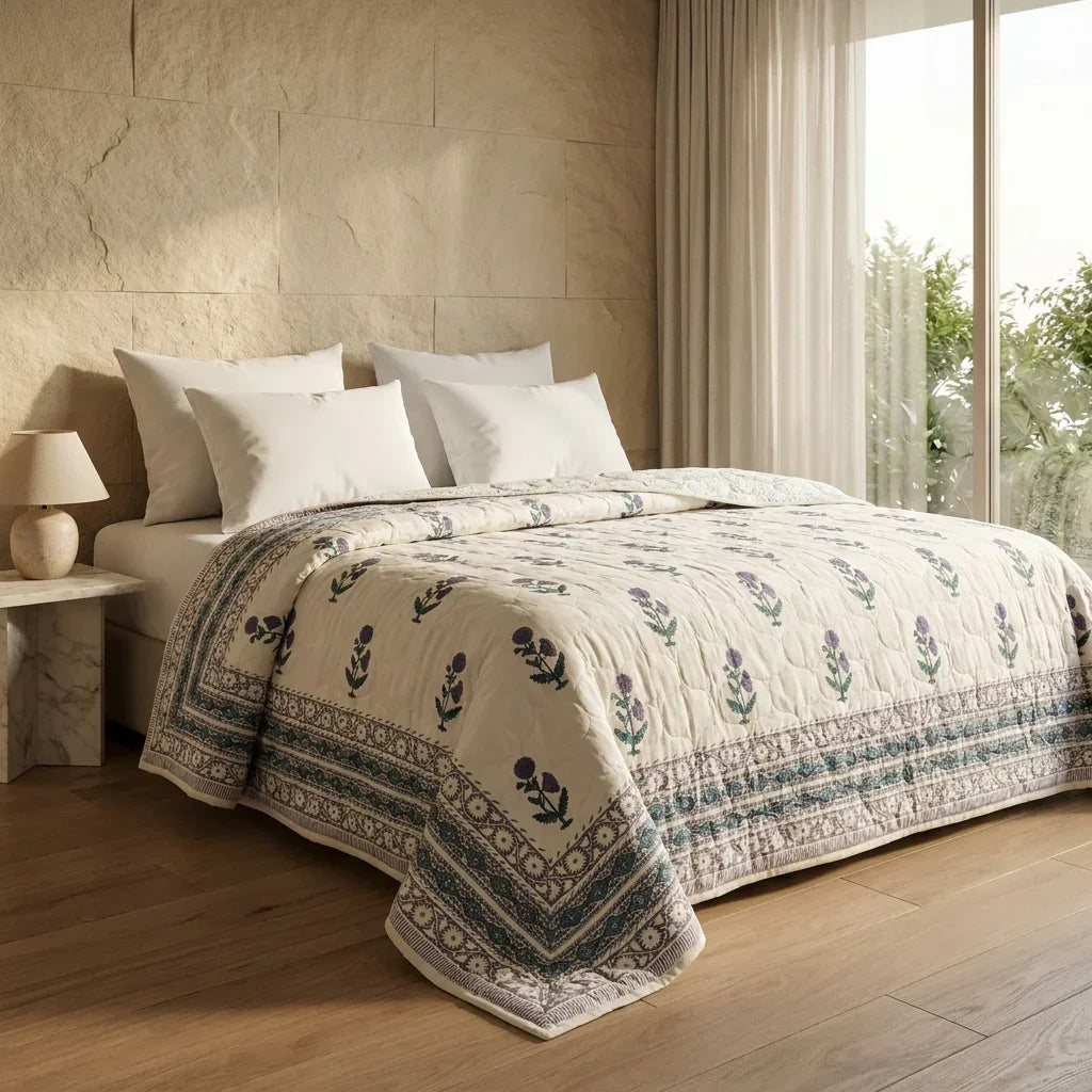 House of Avana Cream & Indigo Blue Floral Jaipur Indian Hand Block Print Quilted Comforter