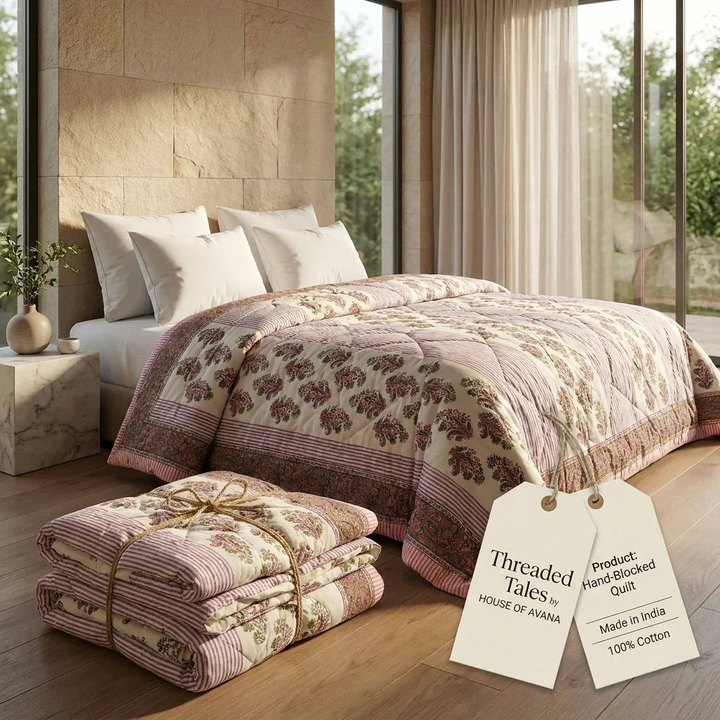 House of Avana Cream & Deep Pink Floral Jaipur Indian Hand Block Print Quilted Comforter