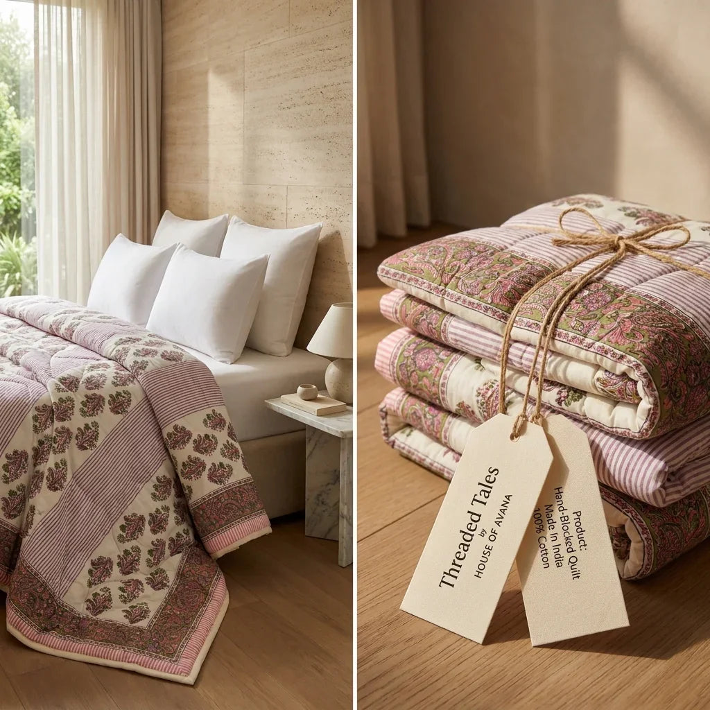 House of Avana Cream & Deep Pink Floral Jaipur Indian Hand Block Print Quilted Comforter