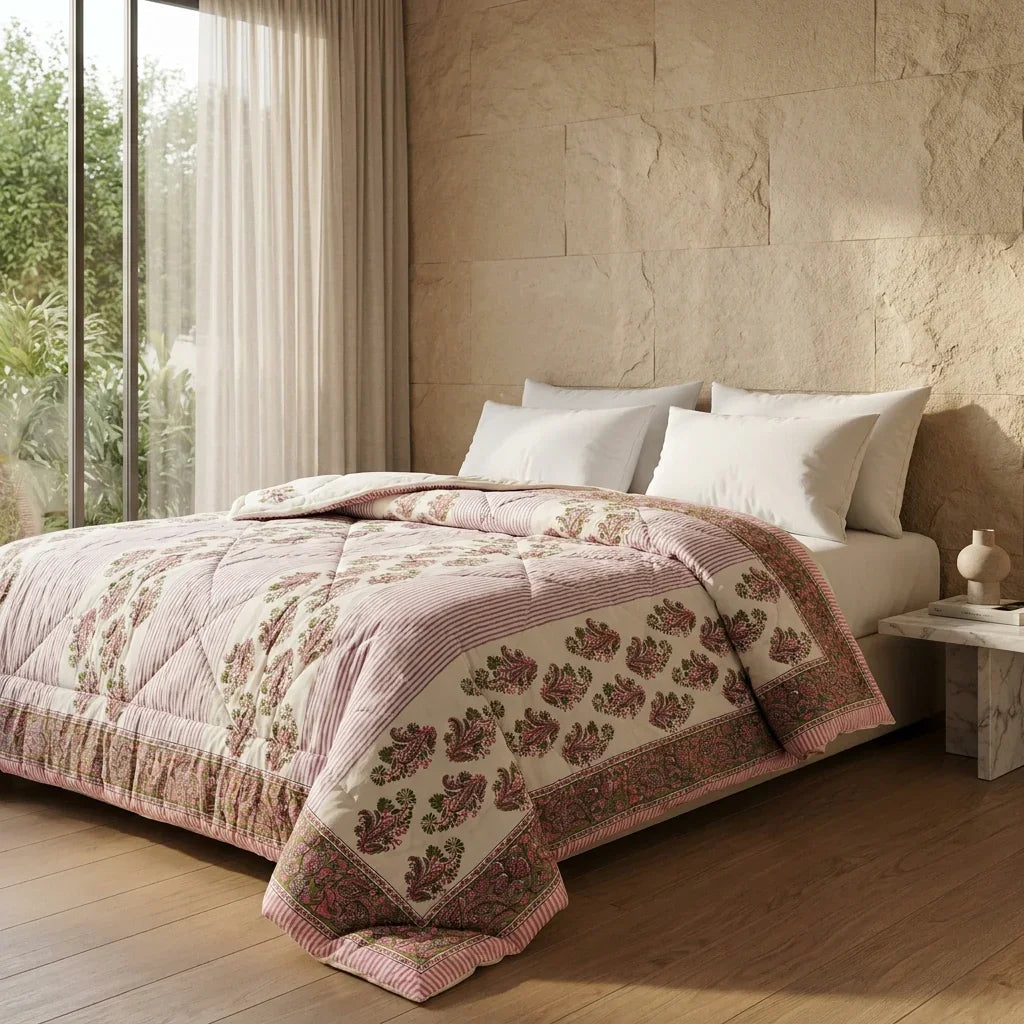 House of Avana Cream & Deep Pink Floral Jaipur Indian Hand Block Print Quilted Comforter
