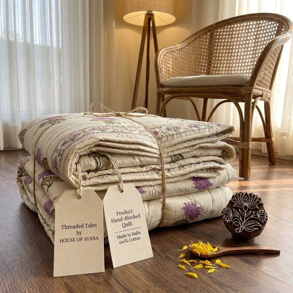 House of Avana Cream & Mauve Floral Jaipur Indian Hand Block Print Quilted Comforter