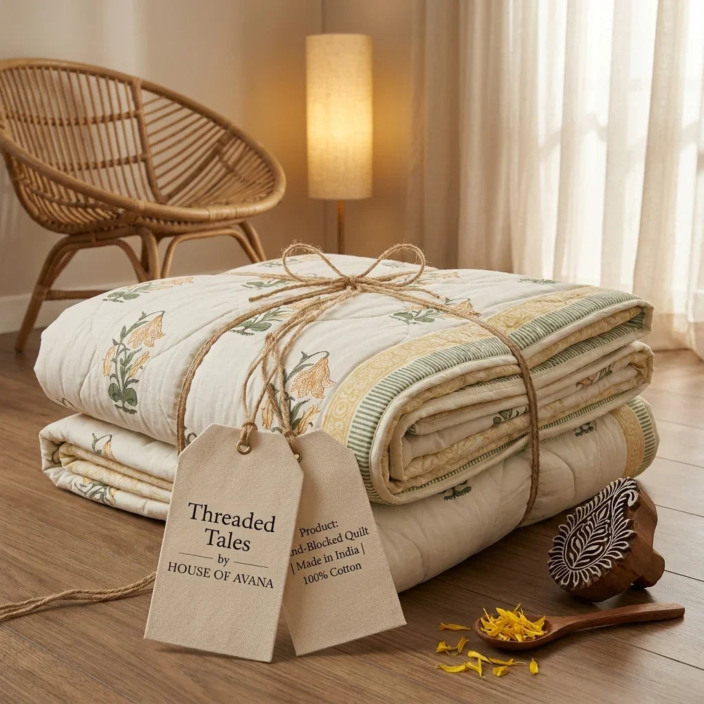 House of Avana Cream & Golden Yellow Floral Jaipur Indian Hand Block Print Quilted Comforter