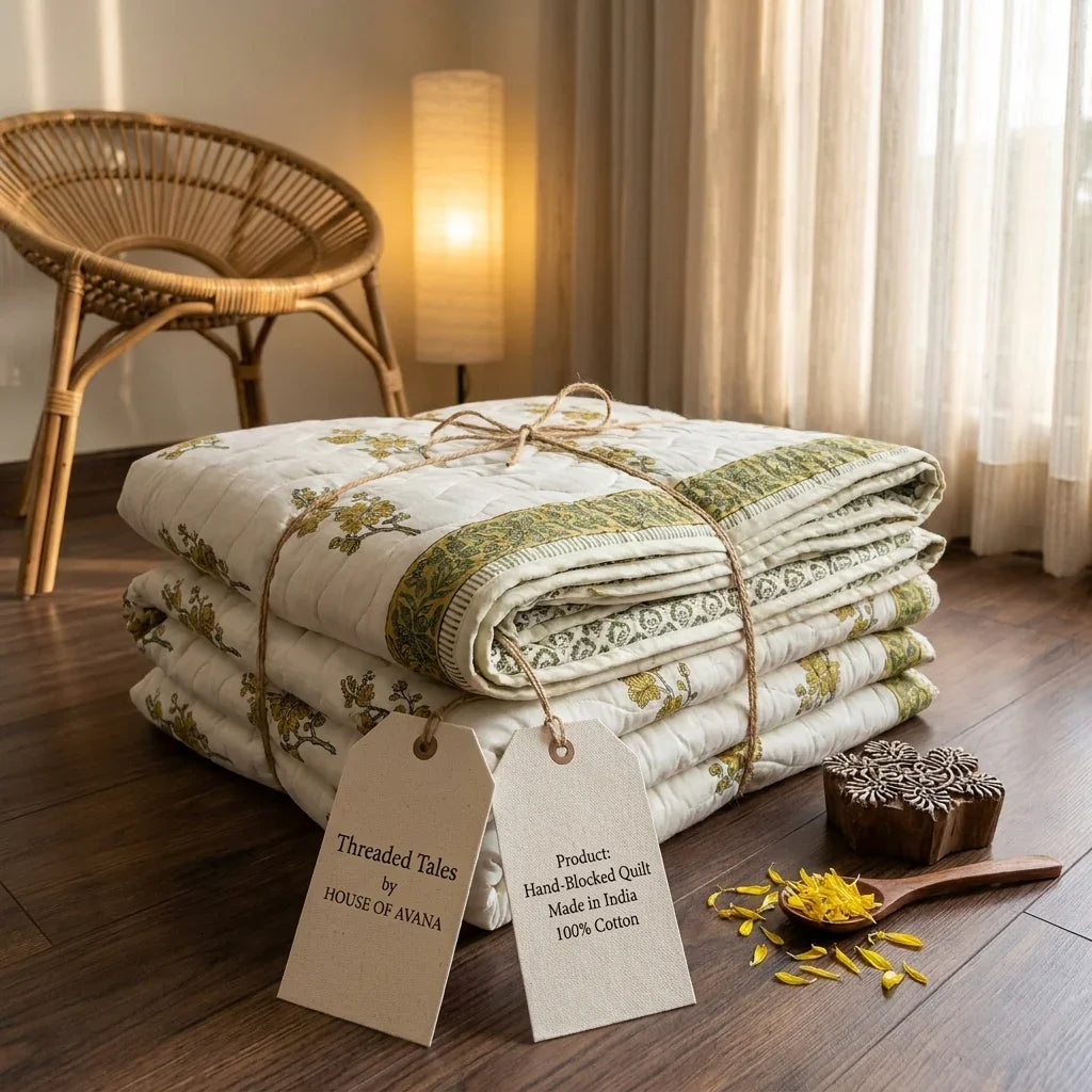 House of Avana Cream & Mustard Yellow Olive Floral Jaipur Indian Hand Block Print Quilted Comforter