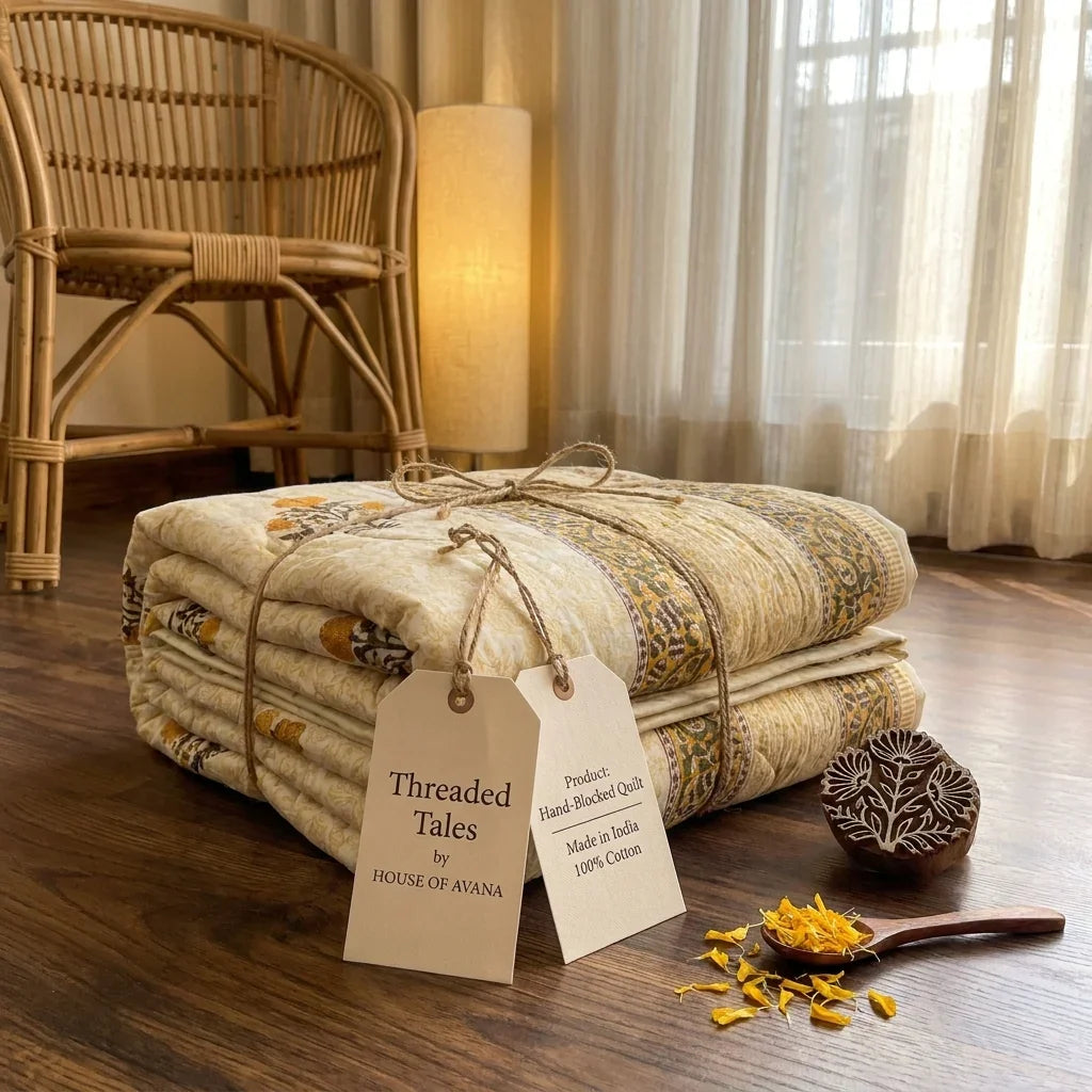 House of Avana Light Grey & Charcoal Floral Jaipur Indian Hand Block Print Quilted Comforter