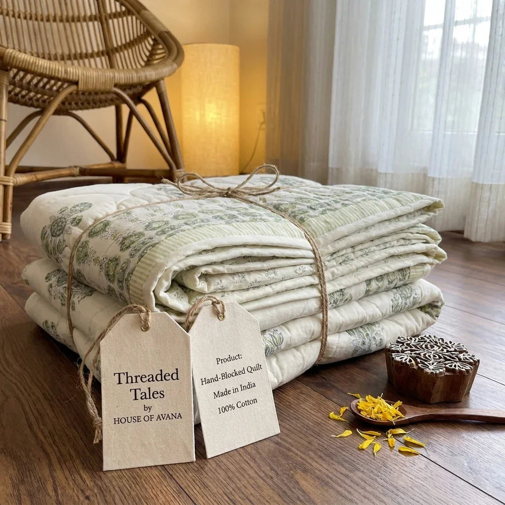 House of Avana Sage Green & Cream Mauve Floral Jaipur Indian Hand Block Print Quilted Comforter