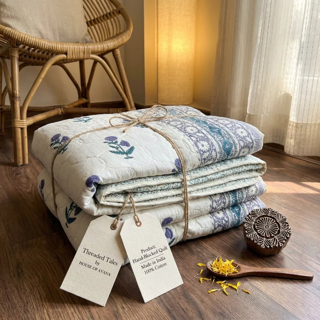 House of Avana Cream & Indigo Blue Floral Jaipur Indian Hand Block Print Quilted Comforter