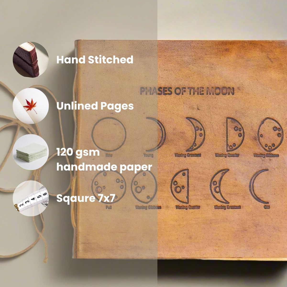 Moon Phases 7x7 Leather Journal | Embossed Square Dream & Reflection Diary