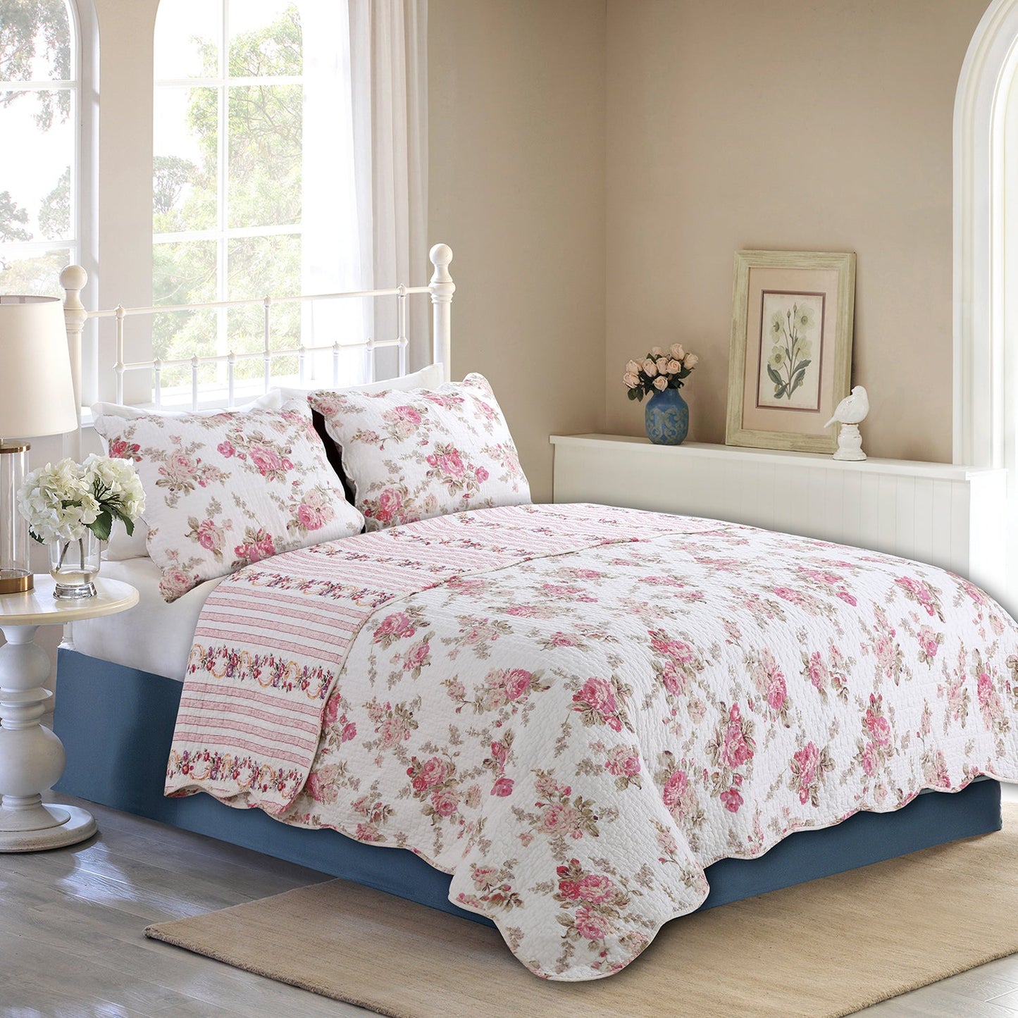 Spring Rose Floral Scalloped 3-Piece Cotton Reversible Quilt Bedding Set