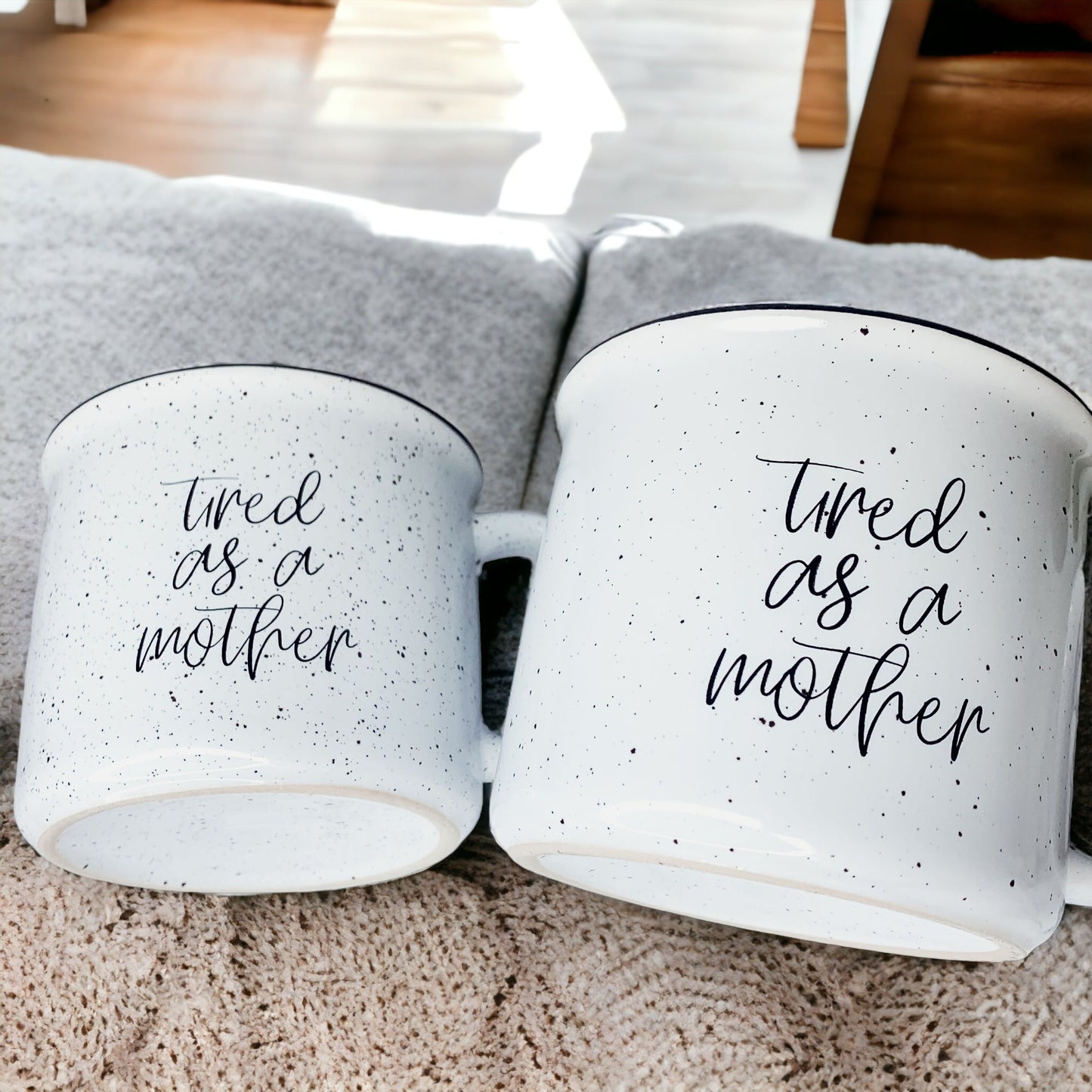 Tired As A Mother Campfire Mug Heavy Duty 15oz Oversized Ceramic Mug White Sesame Glaze Black Rim