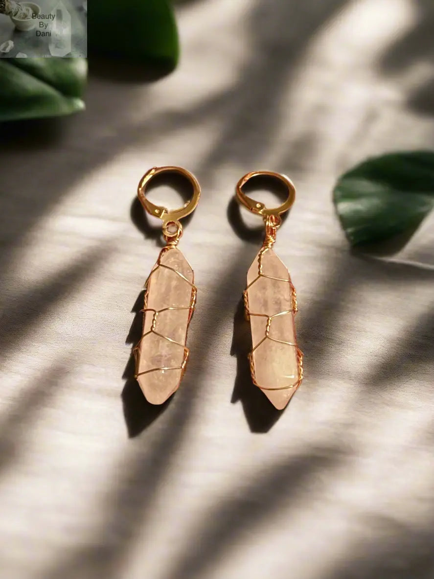 Goldtone Wire Wrapped Quartz Healing Earrings