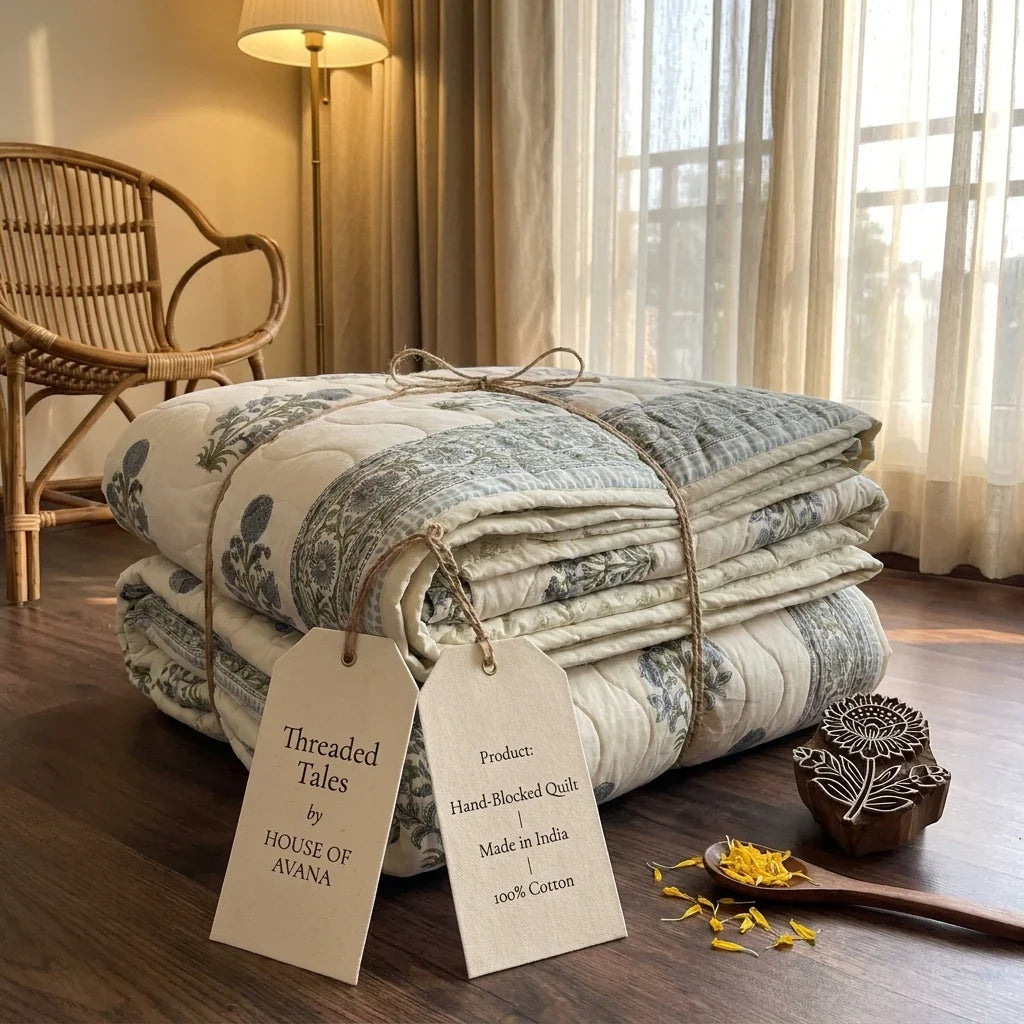 House of Avana Cream & Dusty Blue Floral Jaipur Indian Hand Block Print Quilted Comforter