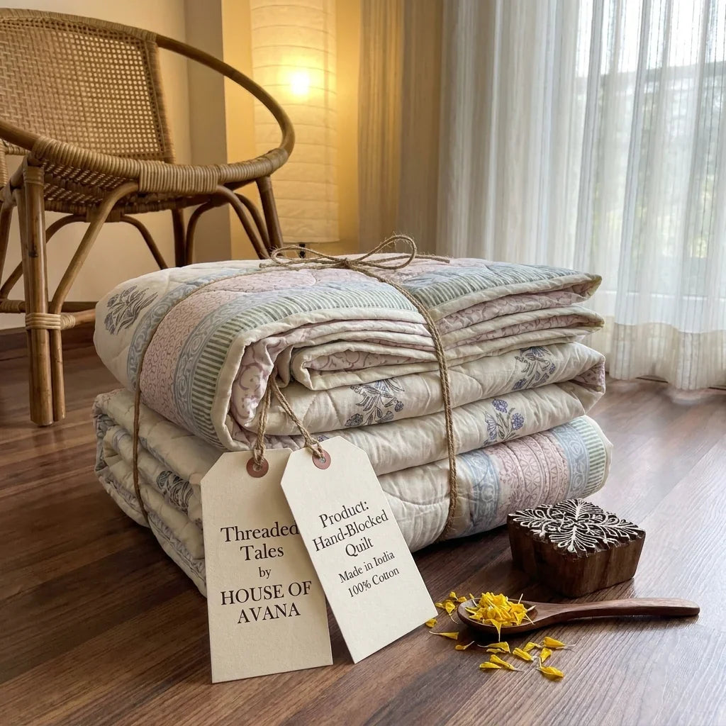 House of Avana Cream & Burgundy Slate Floral Jaipur Indian Hand Block Print Quilted Comforter