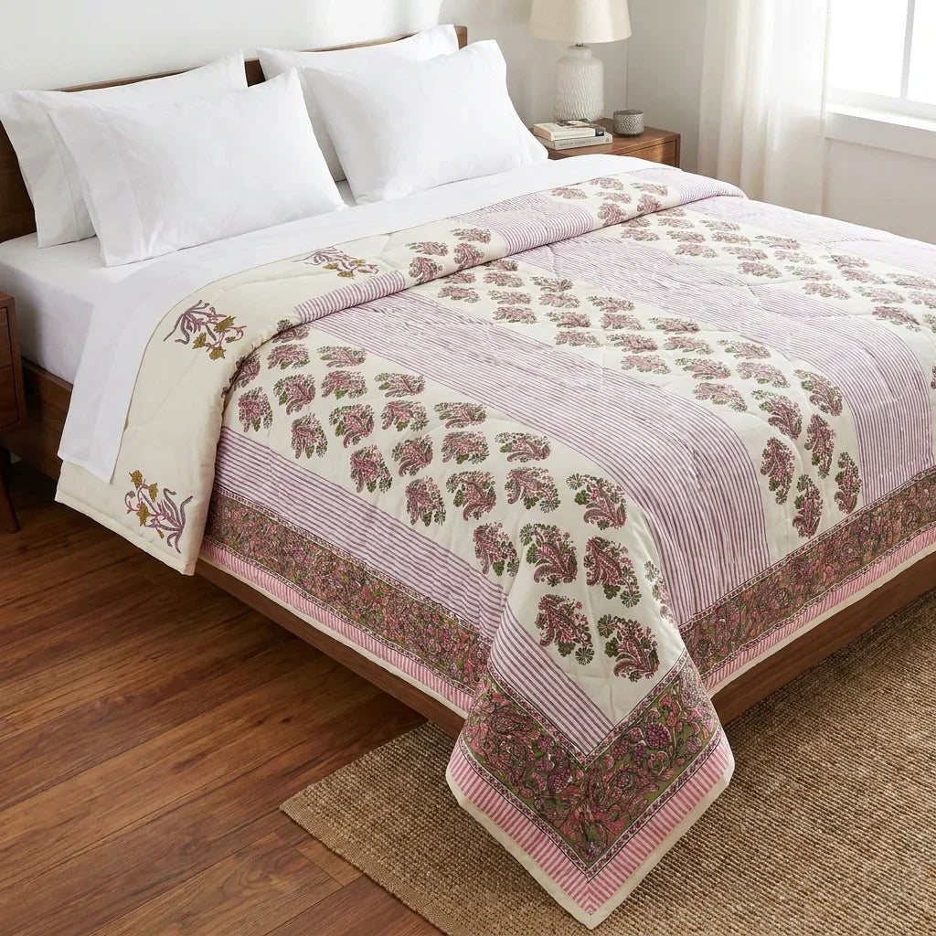 House of Avana Cream & Deep Pink Floral Jaipur Indian Hand Block Print Quilted Comforter
