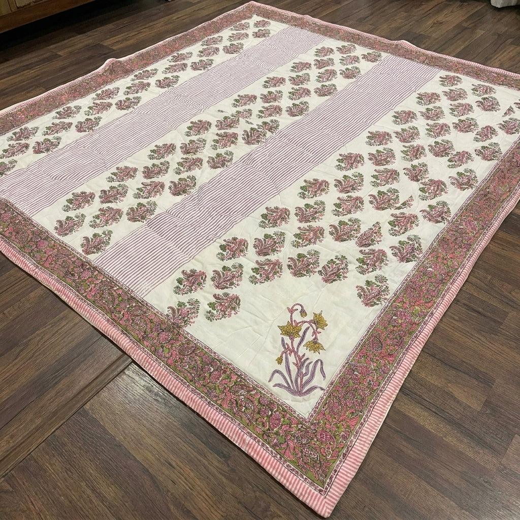 House of Avana Cream & Deep Pink Floral Jaipur Indian Hand Block Print Quilted Comforter