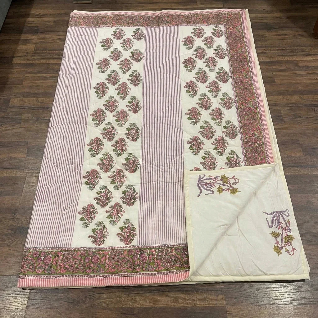 House of Avana Cream & Deep Pink Floral Jaipur Indian Hand Block Print Quilted Comforter