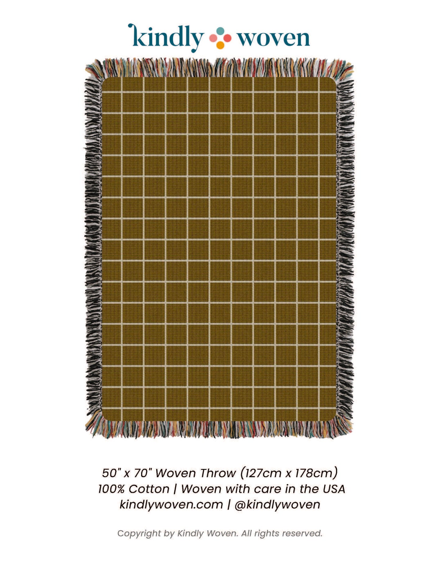 Greer Acorn Golden Brown Grid Jacquard Woven Throw Blanket, Reversible Cotton Throw, Made in USA