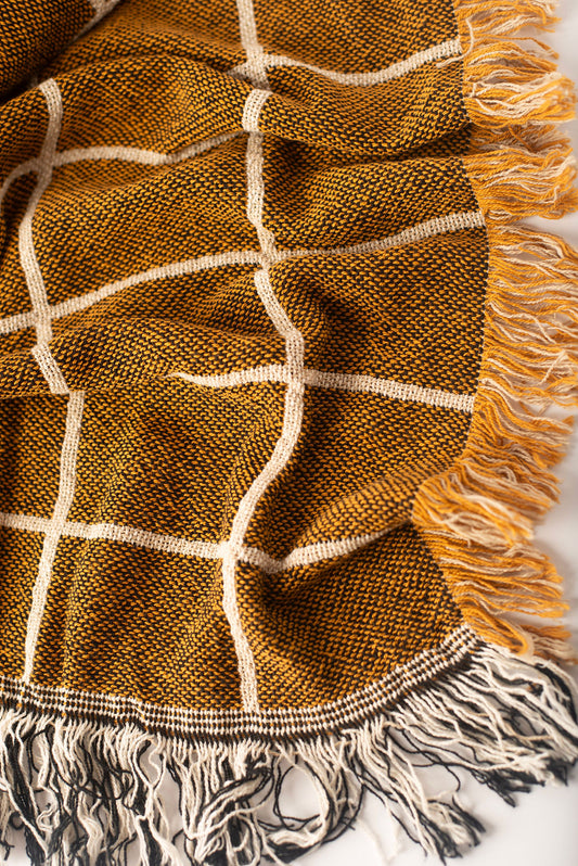 Greer Acorn Golden Brown Grid Jacquard Woven Throw Blanket, Reversible Cotton Throw, Made in USA