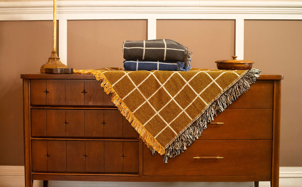 Greer Acorn Golden Brown Grid Jacquard Woven Throw Blanket, Reversible Cotton Throw, Made in USA