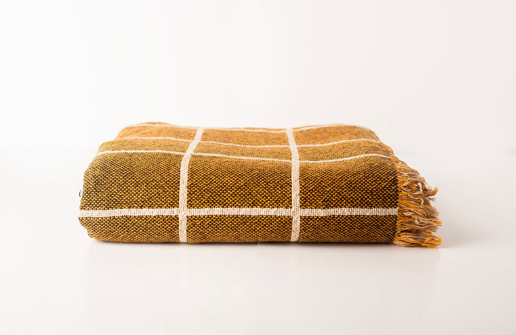 Greer Acorn Golden Brown Grid Jacquard Woven Throw Blanket, Reversible Cotton Throw, Made in USA