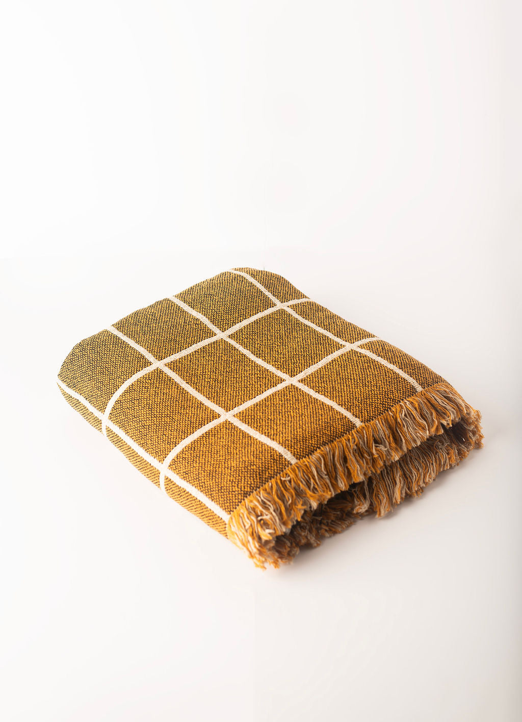 Greer Acorn Golden Brown Grid Jacquard Woven Throw Blanket, Reversible Cotton Throw, Made in USA