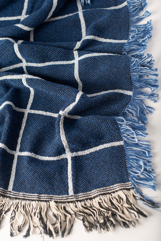 Greer Lapis Blue Grid Jacquard Woven Throw Blanket, Reversible Cotton Throw, Made in USA