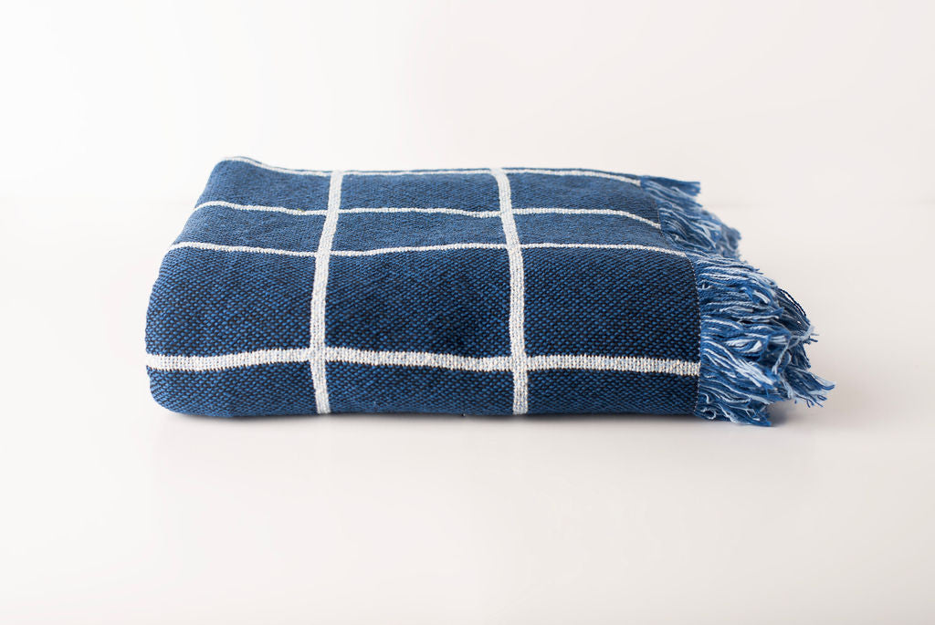 Greer Lapis Blue Grid Jacquard Woven Throw Blanket, Reversible Cotton Throw, Made in USA