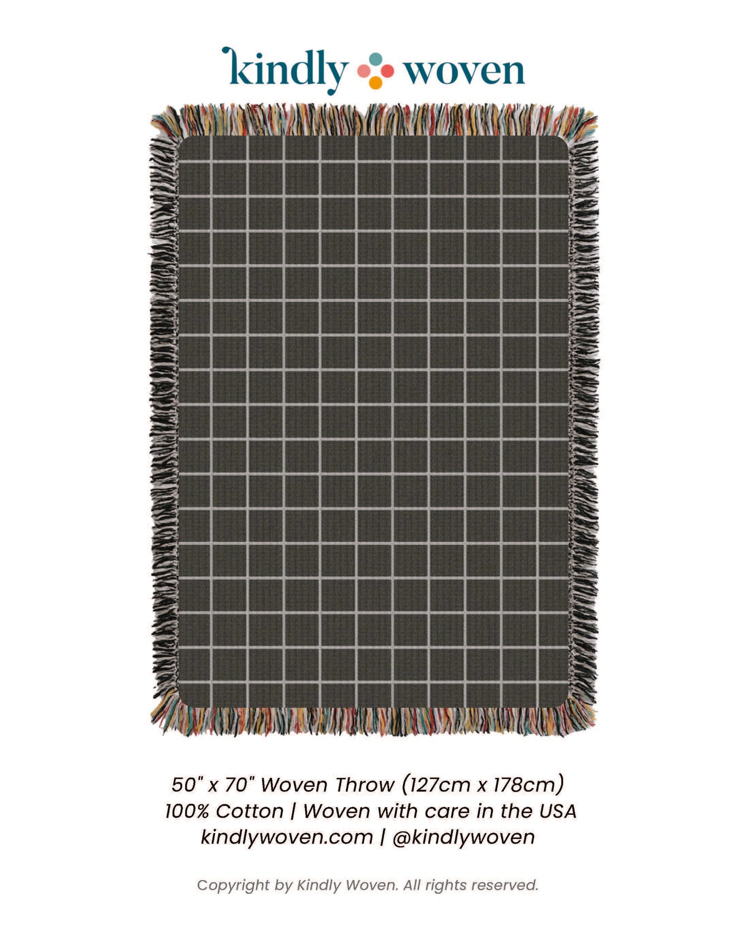 Greer Nocturne Charcoal Grid Jacquard Woven Throw Blanket, Reversible Cotton Throw, Made in USA