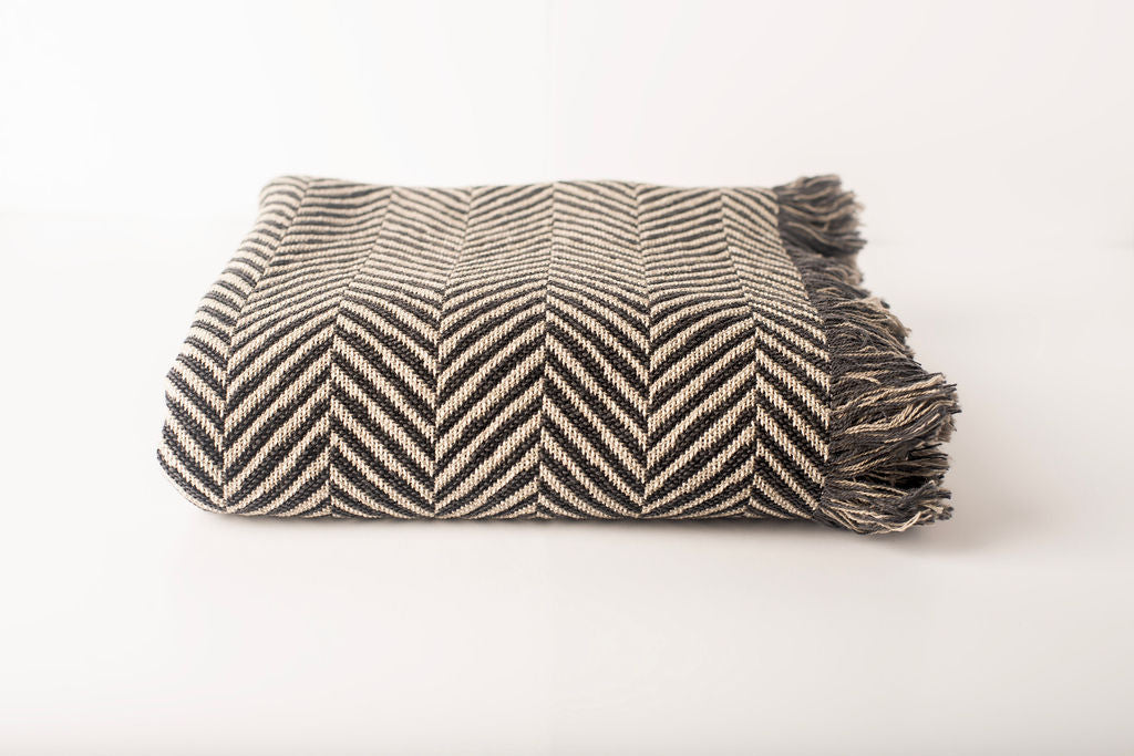 Henry Stone Neutral Herringbone Jacquard Woven Throw Blanket, Reversible Cotton Throw, Made in USA