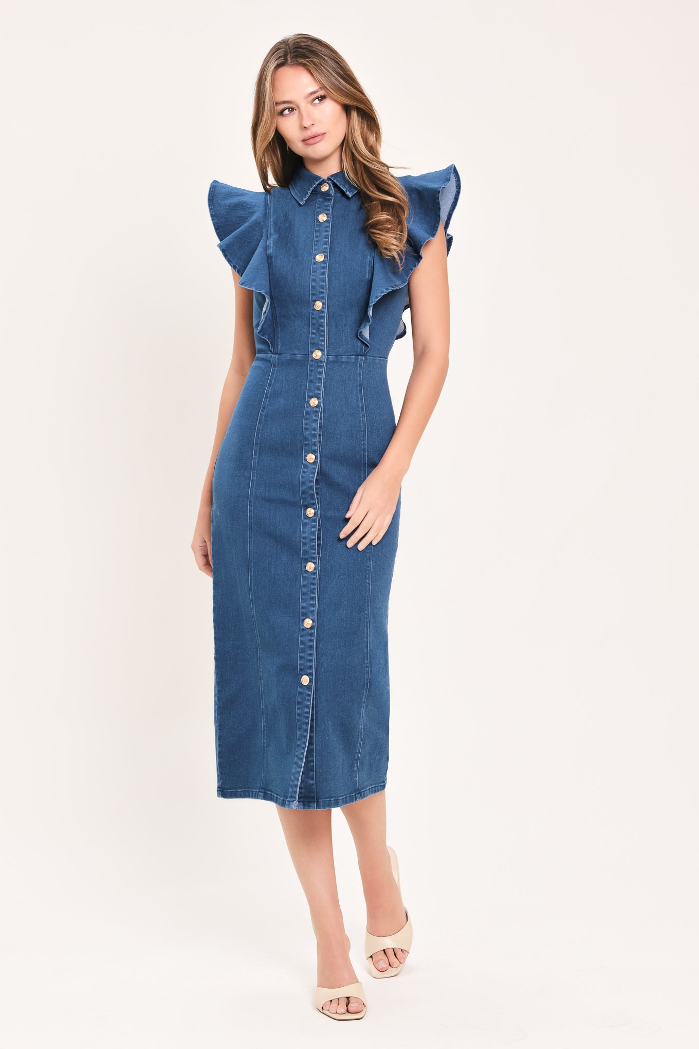 SWEETHEART BUTTON PARADE DENIM MIDI DRESS