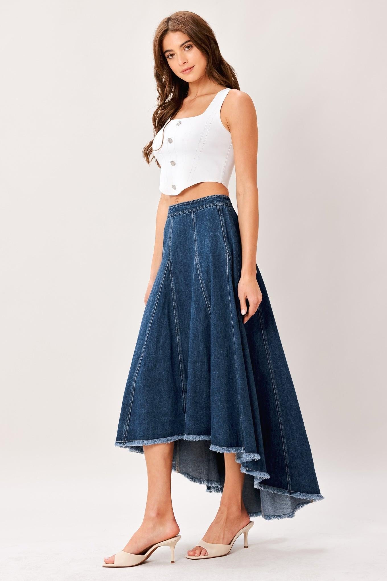 CITY SWING DENIM HI-LO MIDI CIRCLE SKIRT