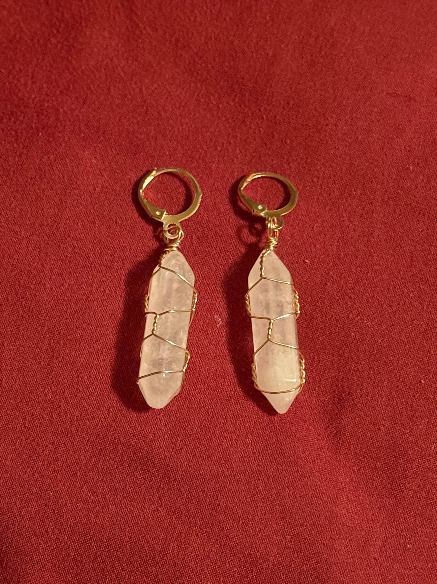 Goldtone Wire Wrapped Quartz Healing Earrings