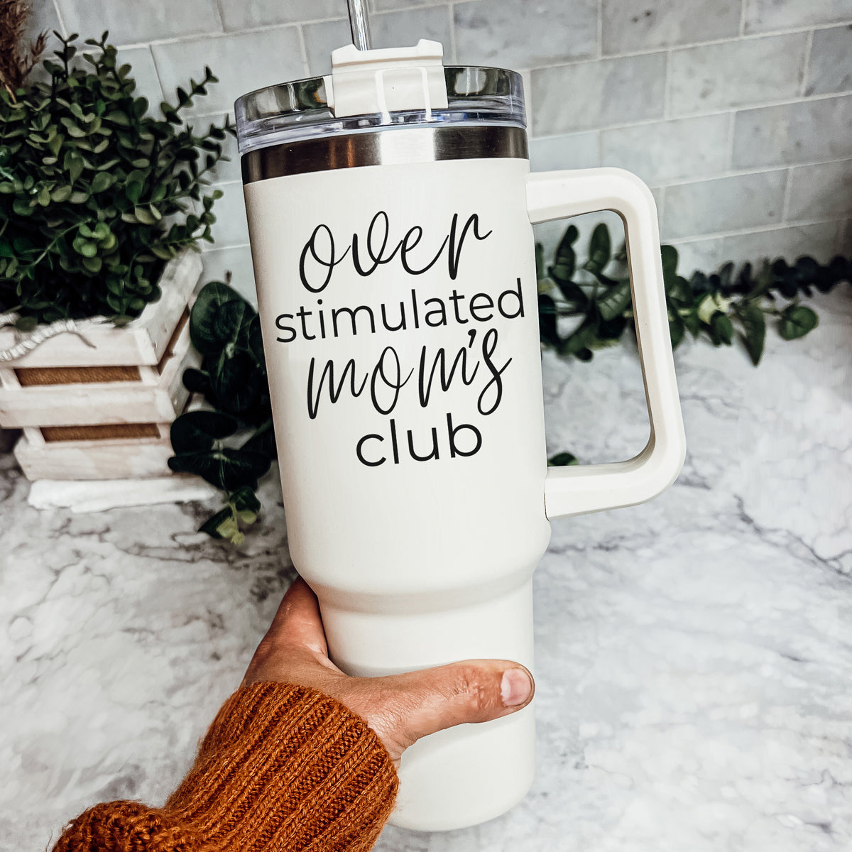 Over Stimulated 40oz Insulated Travel Mug With Handle Lid Straw Moms Tumbler