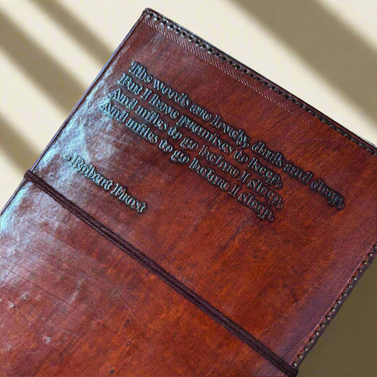 Robert Frost Refillable Leather Journal - "The Woods Are Lovely" Quote