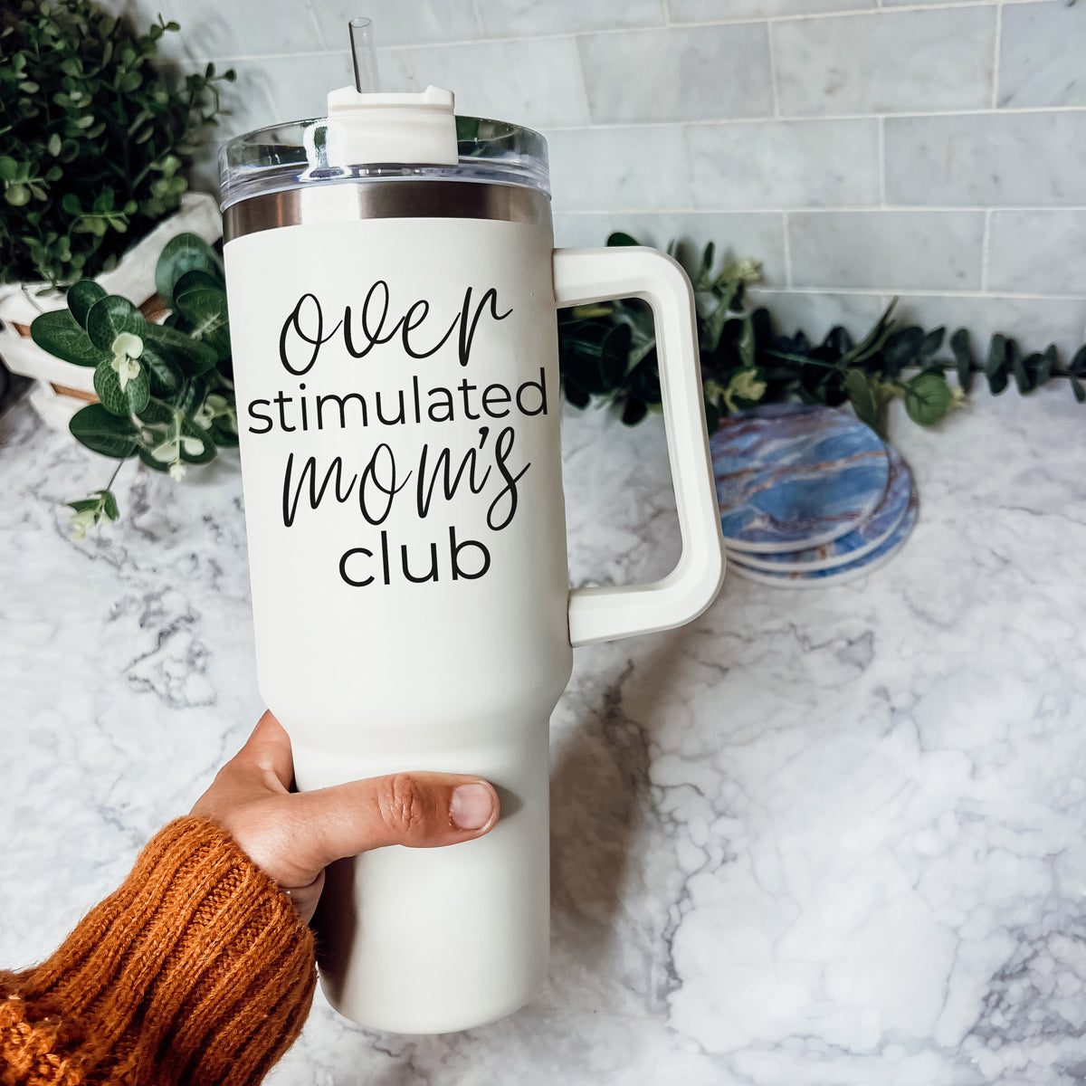 Over Stimulated 40oz Insulated Travel Mug With Handle Lid Straw Moms Tumbler