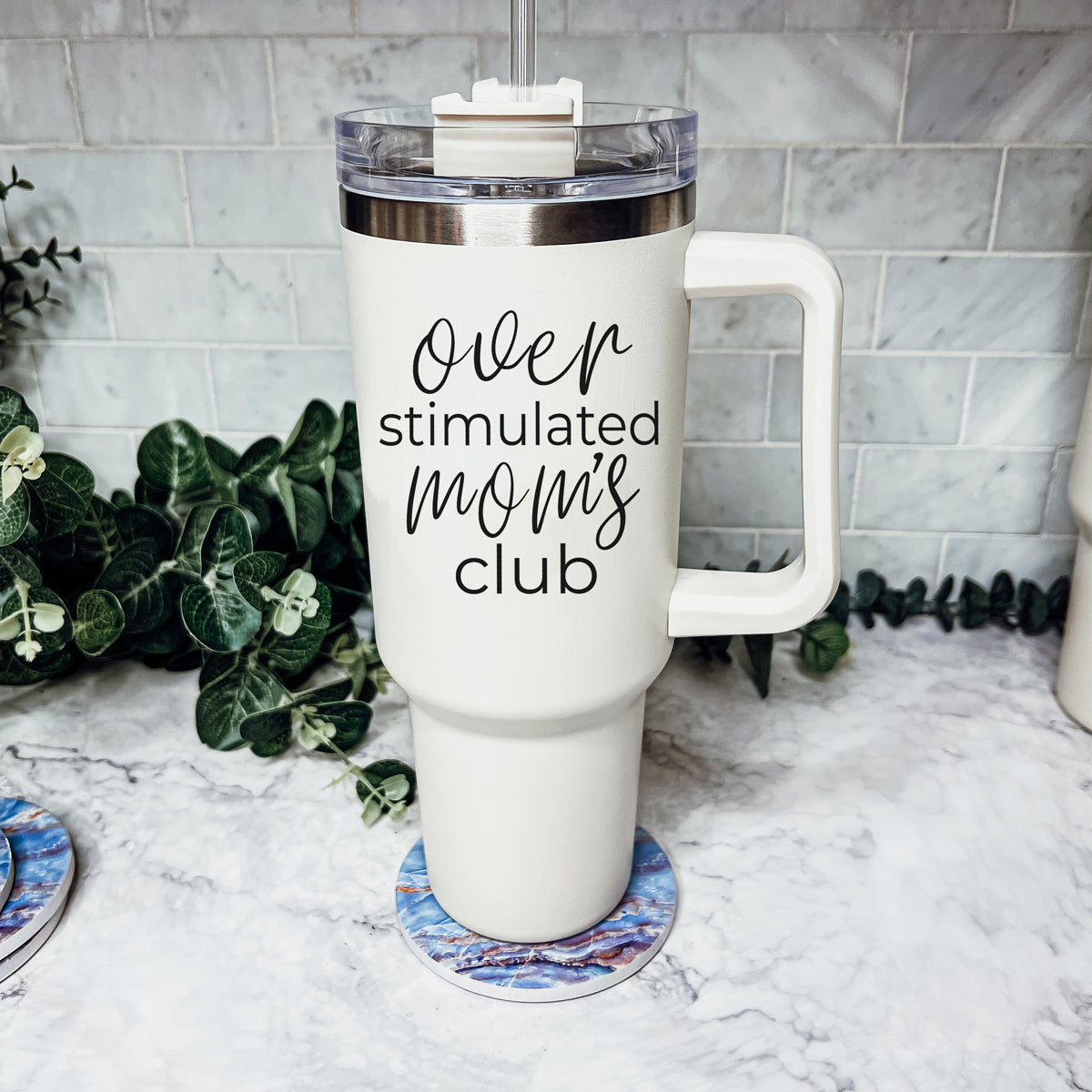 Over Stimulated 40oz Insulated Travel Mug With Handle Lid Straw Moms Tumbler