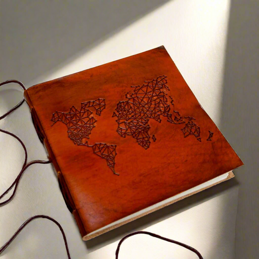 World Map 7x7 Leather Journal | Embossed Square Travel Diary