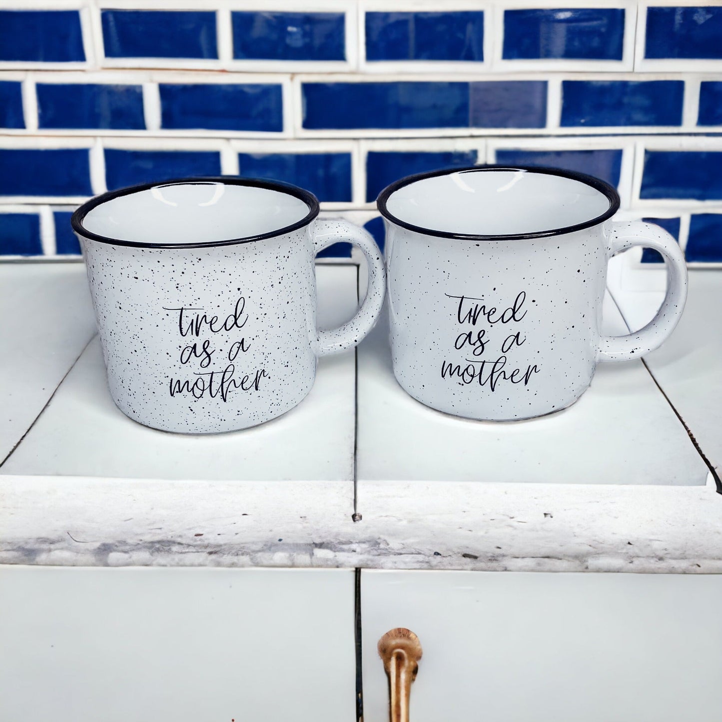 Tired As A Mother Campfire Mug Heavy Duty 15oz Oversized Ceramic Mug White Sesame Glaze Black Rim
