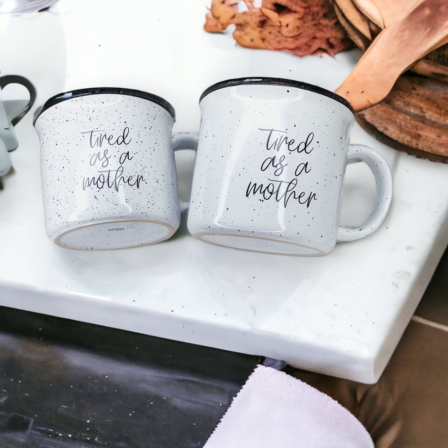 Tired As A Mother Campfire Mug Heavy Duty 15oz Oversized Ceramic Mug White Sesame Glaze Black Rim
