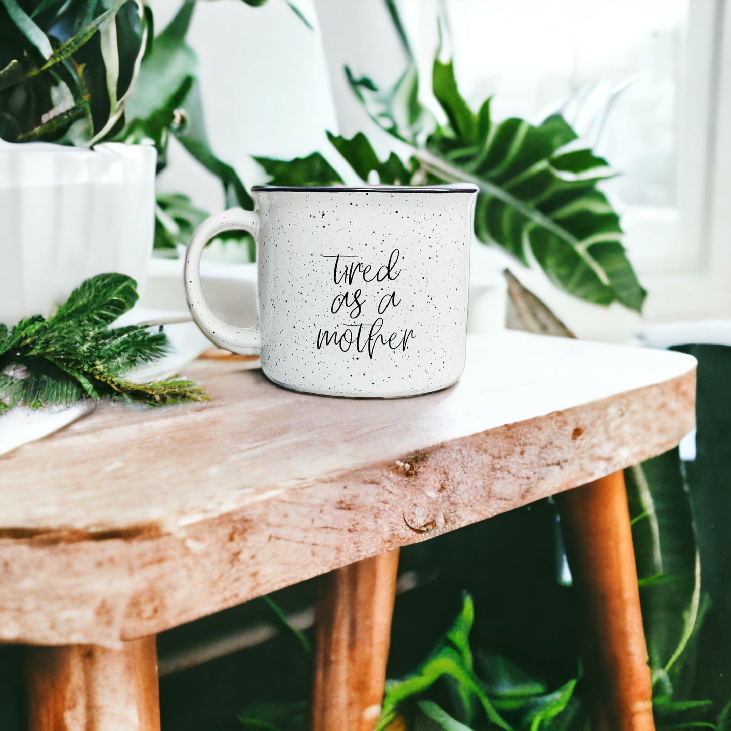 Tired As A Mother Campfire Mug Heavy Duty 15oz Oversized Ceramic Mug White Sesame Glaze Black Rim